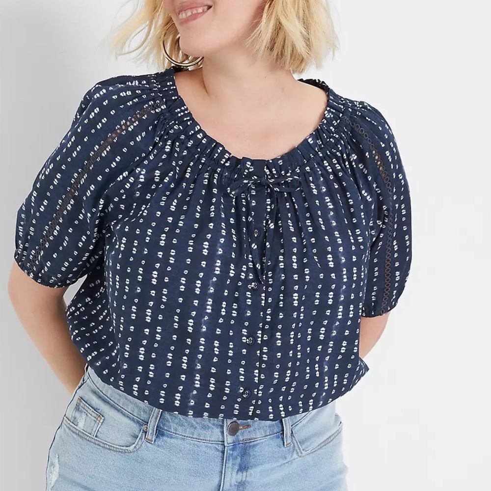 Lane Bryant 14/16 Blue White Shibori Tie Dye Off Shoulder Cotton Eyelet Top